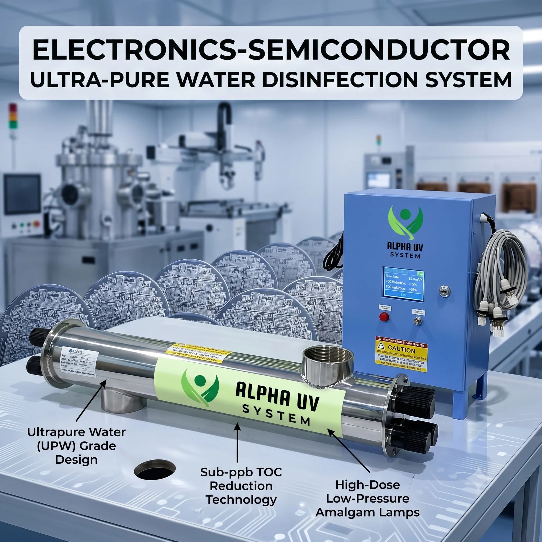 Alpha UV disinfection system Electronics for High-Tech Industrial wastewater treatment, 500–50,000 LPH capacity