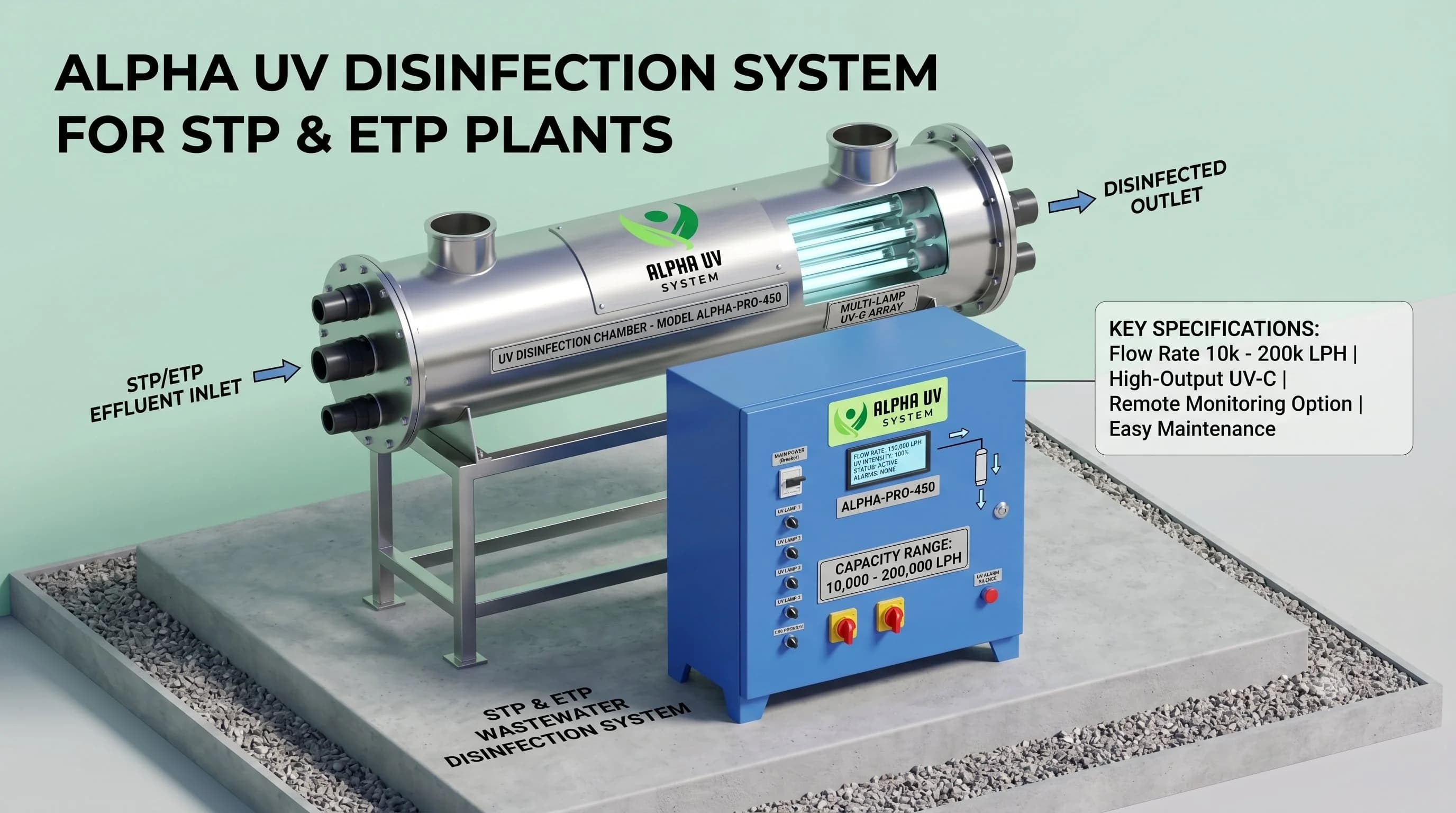 Alpha UV disinfection system STP / ETP Plants for Water Treatment wastewater treatment, 10,000 – 2,00,000 LPH capacity