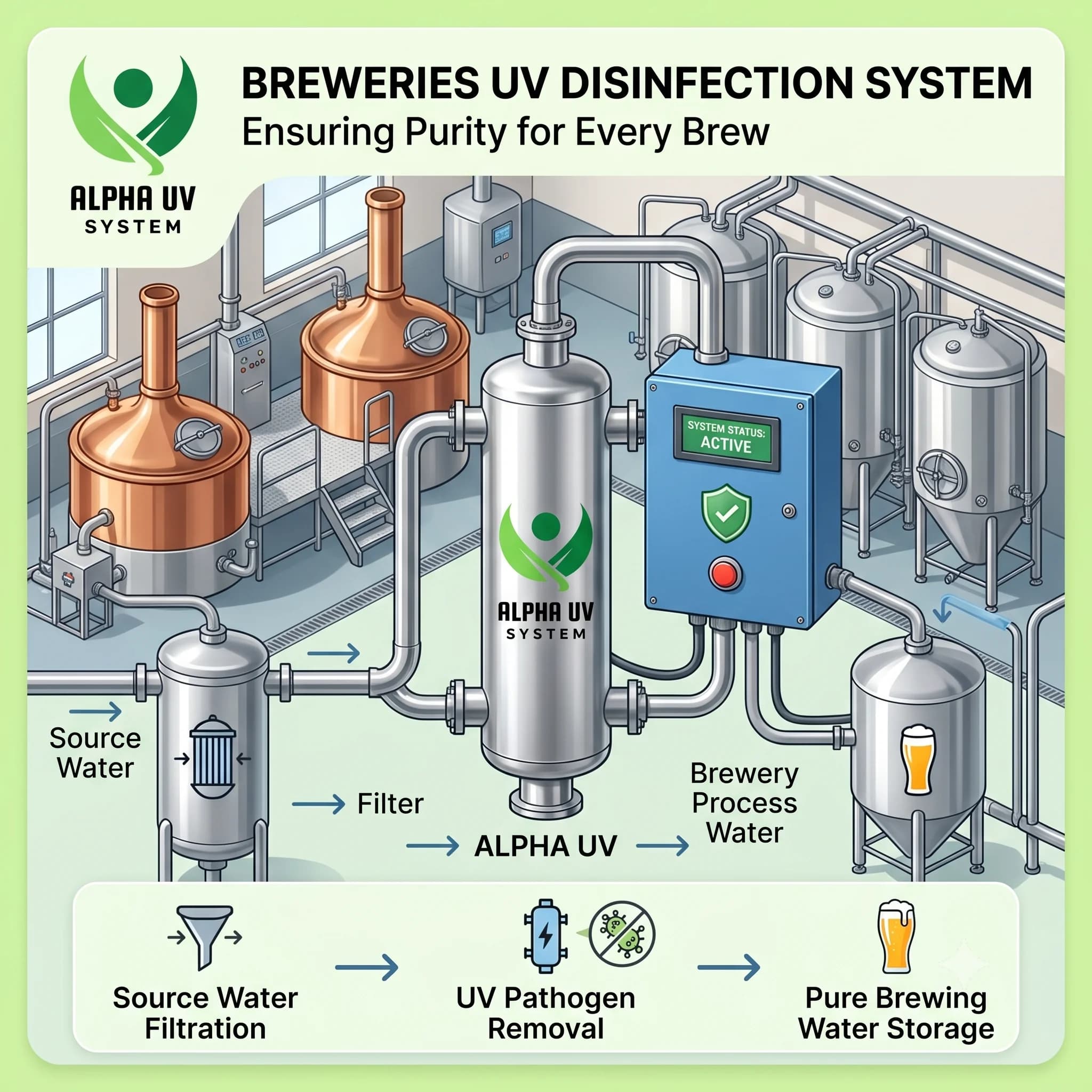 Alpha UV disinfection system Breweries for Food & Beverage wastewater treatment, 2,000 – 30,000 LPH capacity