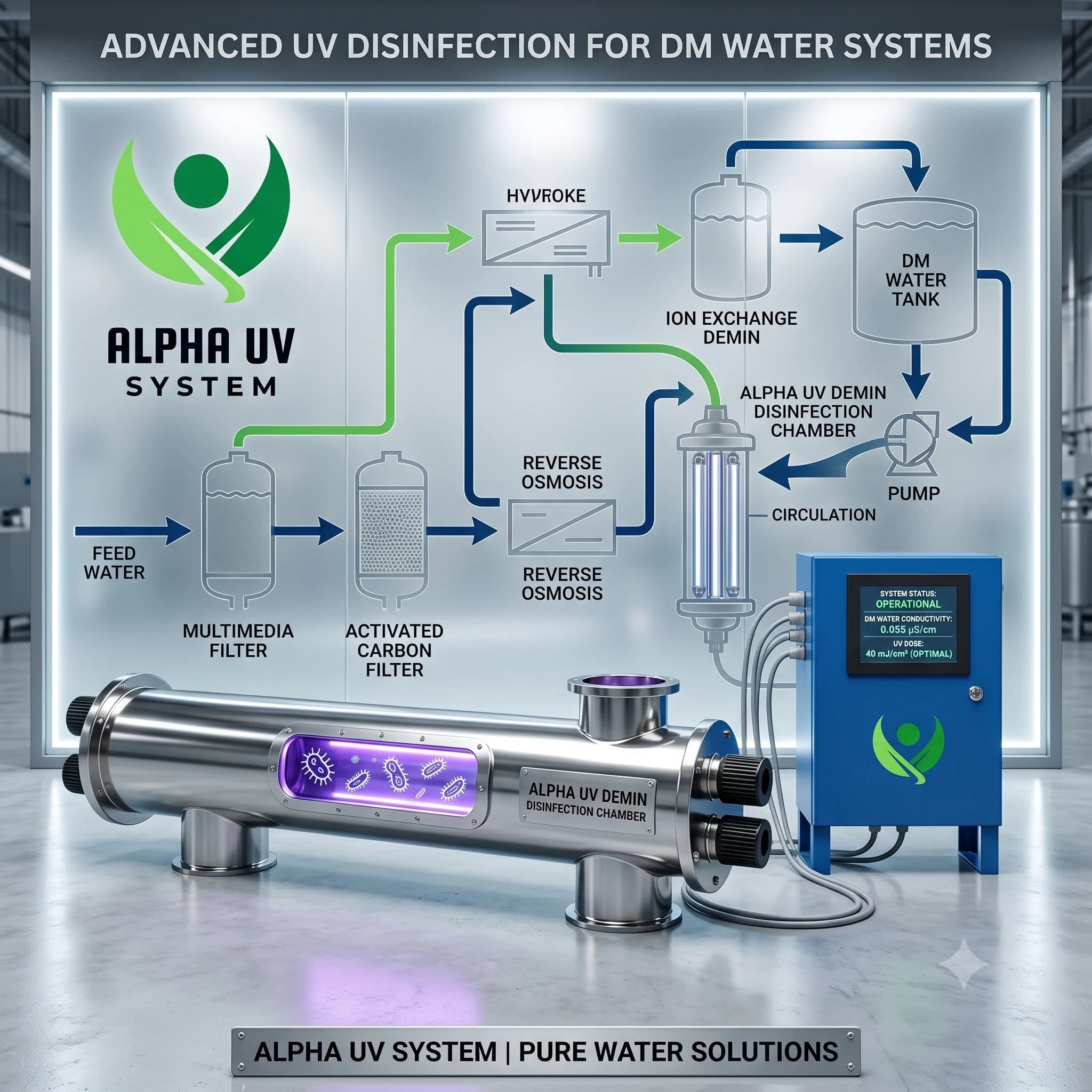 Alpha UV disinfection system DM Water for Industrial wastewater treatment, 2,000–50,000 LPH capacity