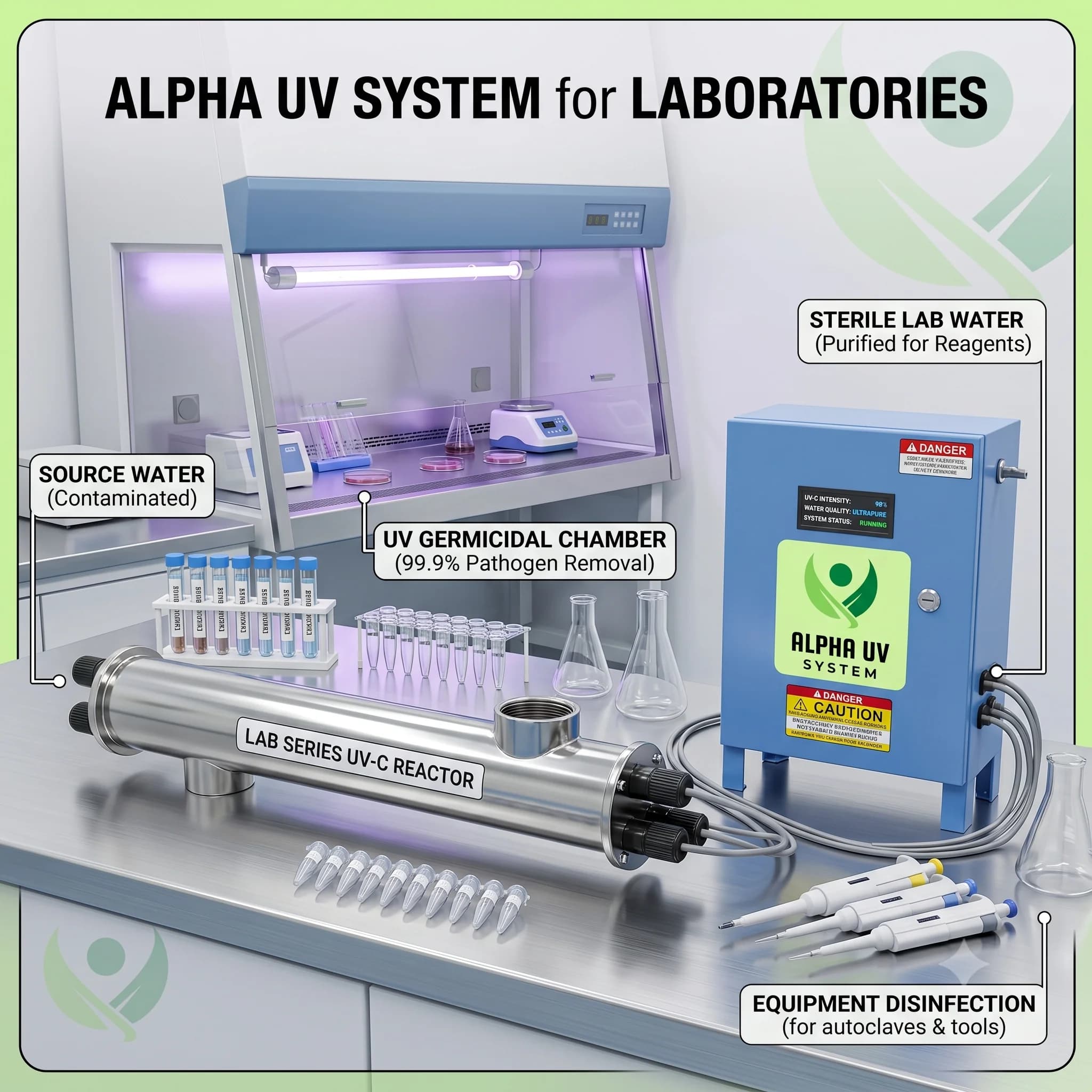 Alpha UV disinfection system Laboratories for Life Sciences wastewater treatment, 100 – 2,000 LPH capacity