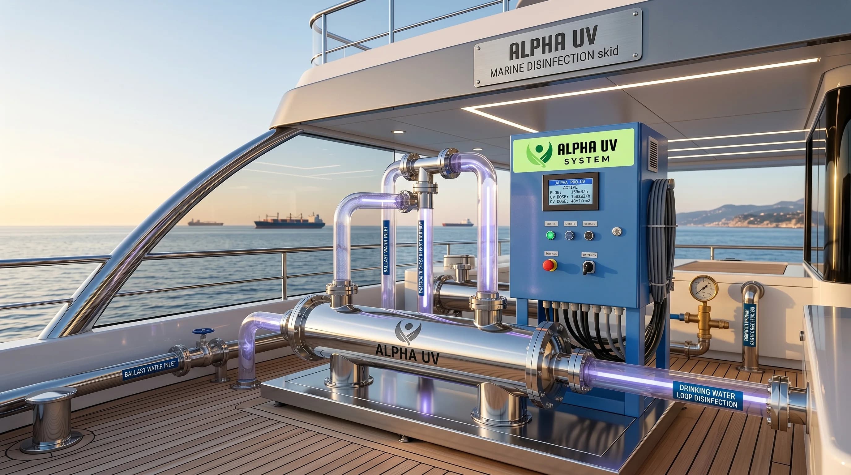 Alpha UV disinfection system Marine Industry for Marine & Shipping wastewater treatment, 2,000–50,000 LPH capacity