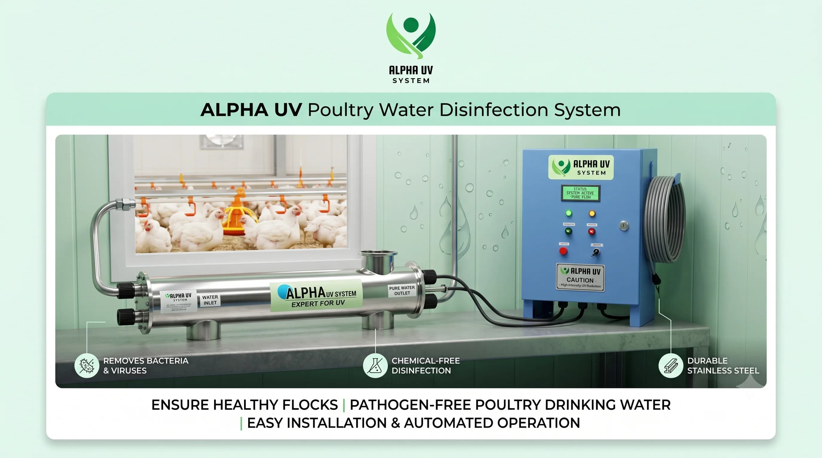 Alpha UV disinfection system Poultry Farms for Agriculture wastewater treatment, 500 – 10,000 LPH capacity